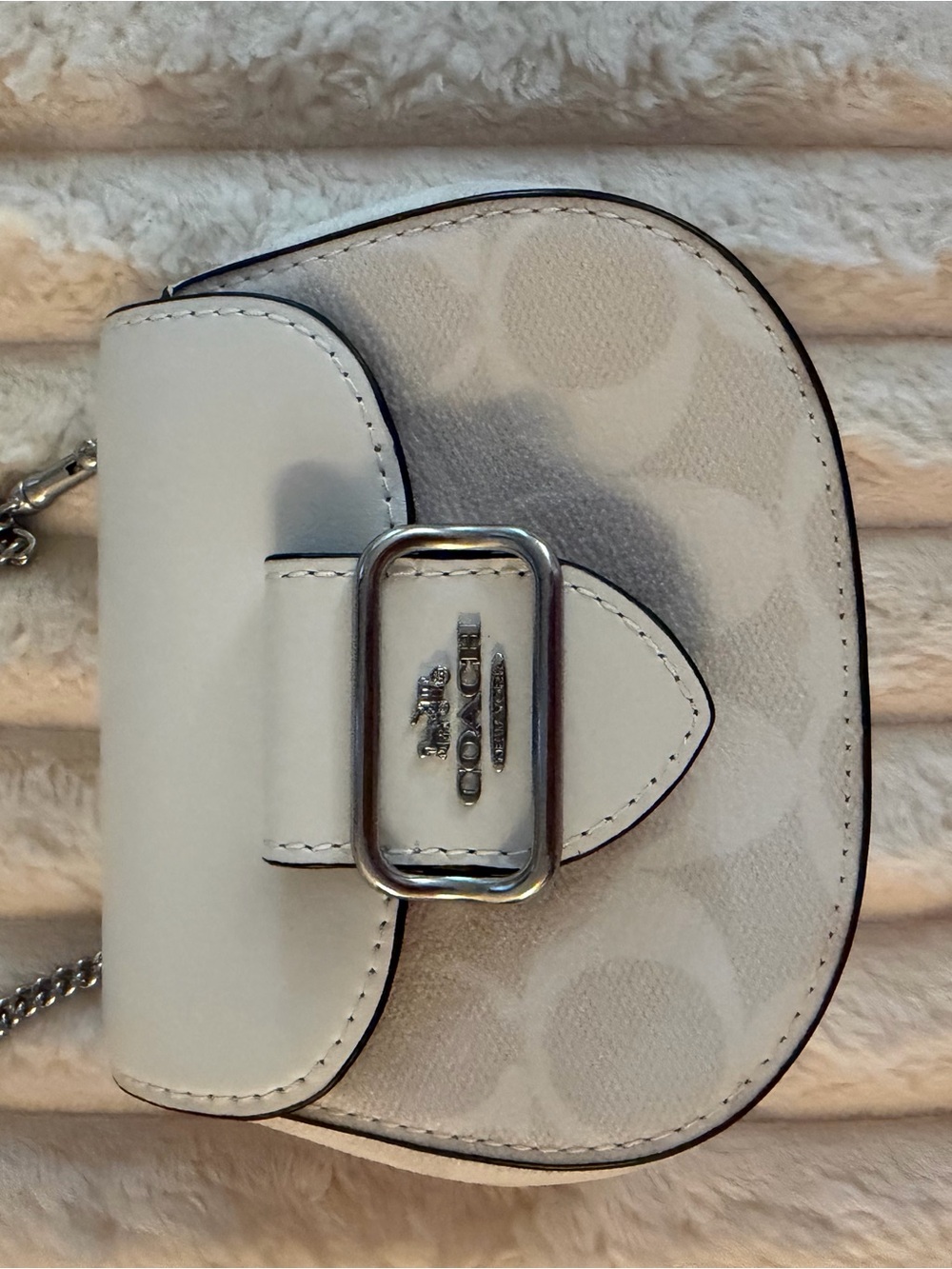 Coach White Mini Signature Saddle Crossbody with Silver Buckle